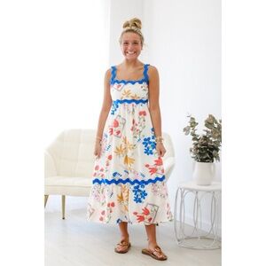 Floral Print Midi Dress - Sleeveless, Scalloped Trim, Casual - Size S